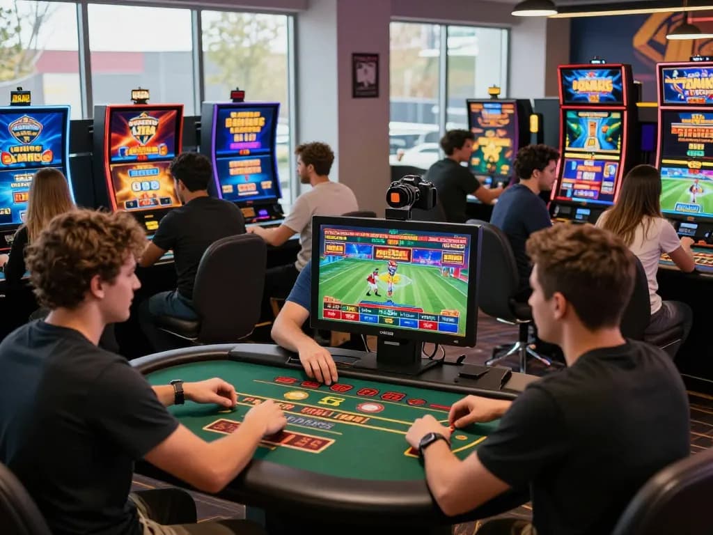 Players experiencing the excitement of jun 88 online gambling games in a vibrant gaming lounge.