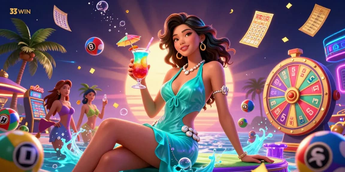 Experience the excitement at 33WIN with vibrant lottery balls and a stunning casino scene.