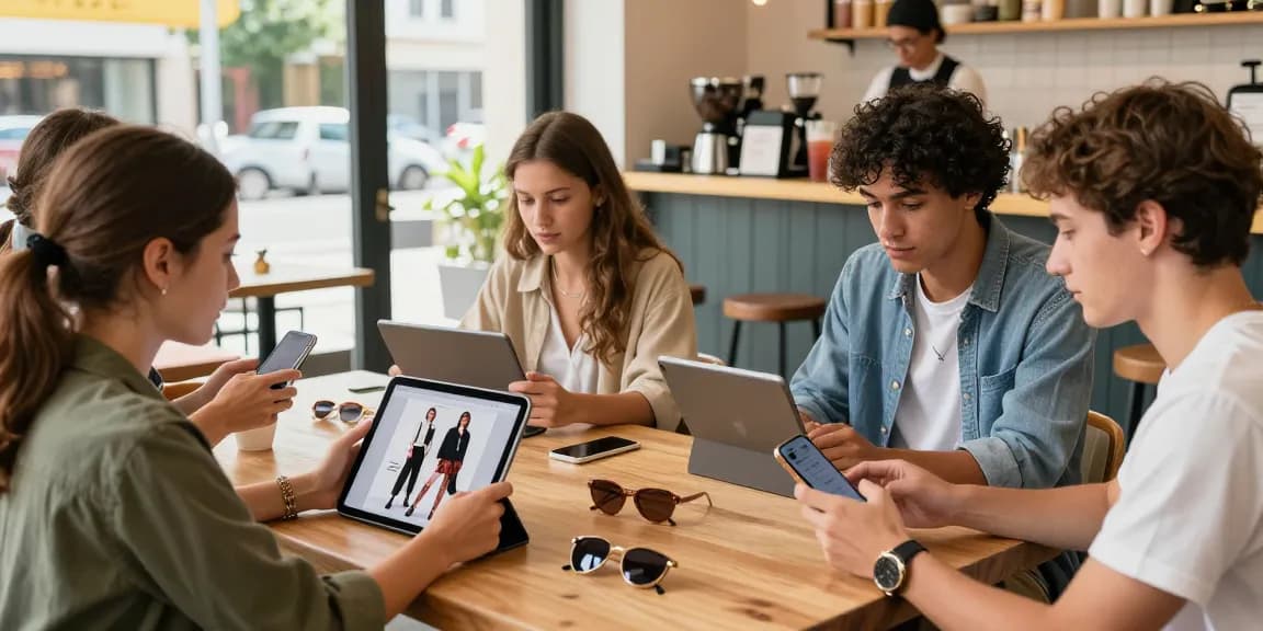 Fashion-forward individuals enjoying a vibrant shopping experience at a café while exploring 123b products online.