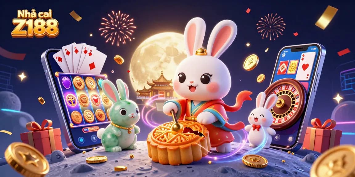 Engage with Nhà cái Z188's vibrant gaming universe, featuring a moon rabbit celebrating casino wins.