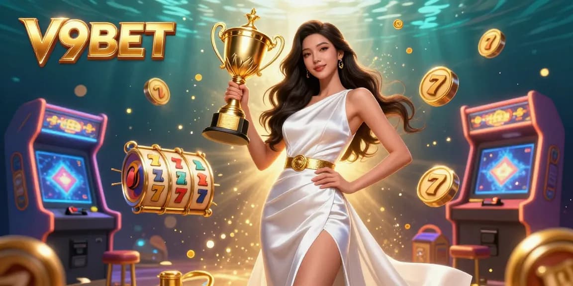 Engage with V9BET's vibrant slots and arcade games for epic jackpot wins in this immersive digital scene.