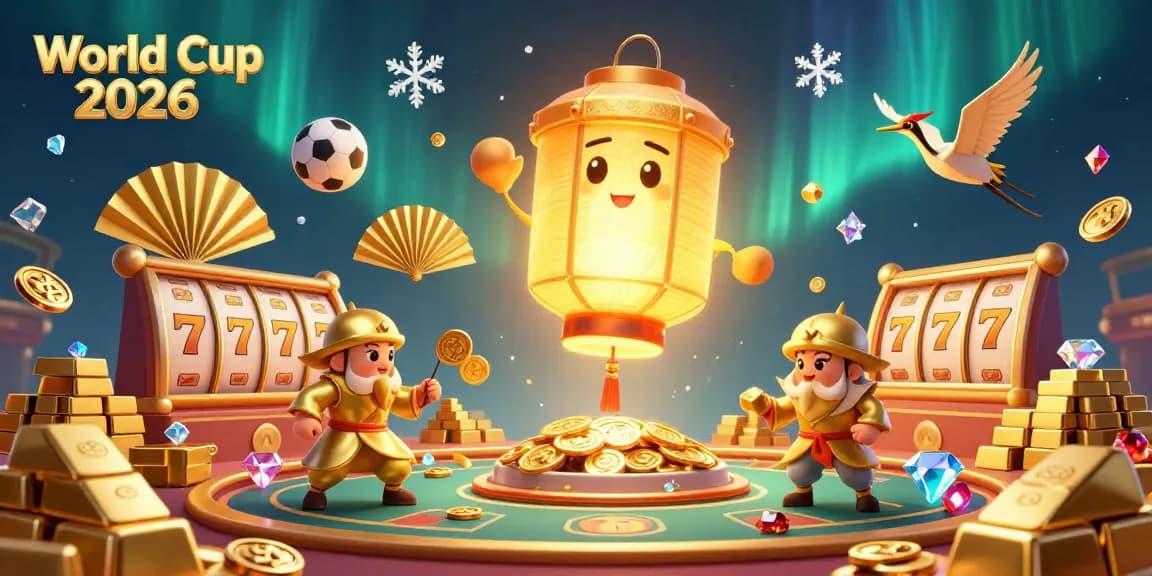 Experience thrilling World Cup 2026 gaming with giant golden lanterns, dynamic slot reels, and vibrant treasures.