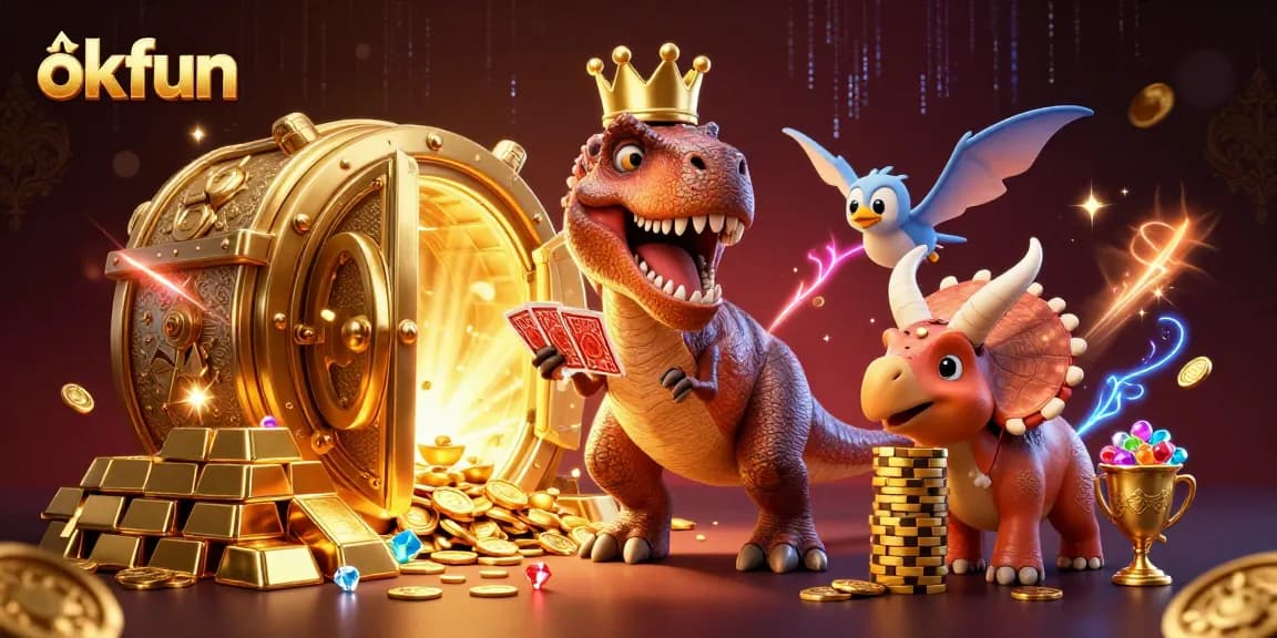 Engage with okfun's thrilling games amidst vibrant card shuffling and majestic treasures.