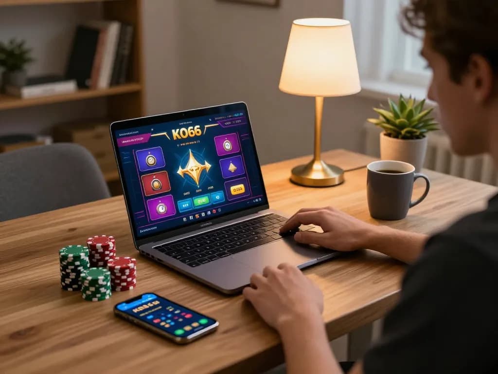 Player engaging with KO66 online casino platform on laptop in a cozy home setting, displaying strategic betting options.