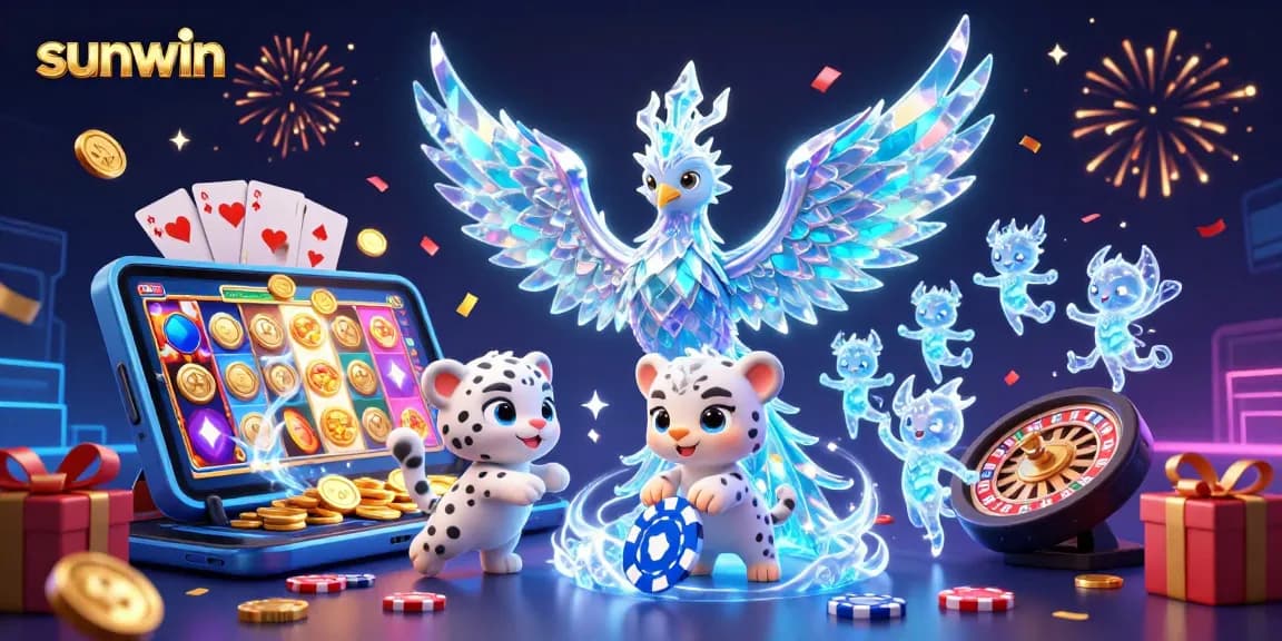 Experience the thrill of sunwin with vibrant 3D characters in a dynamic casino illustration.