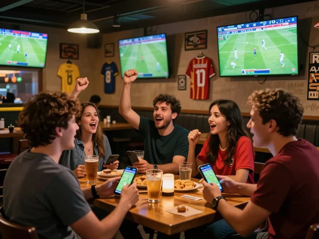 Fans engaging in sports betting apps during a live soccer match, highlighting 7m excitement.