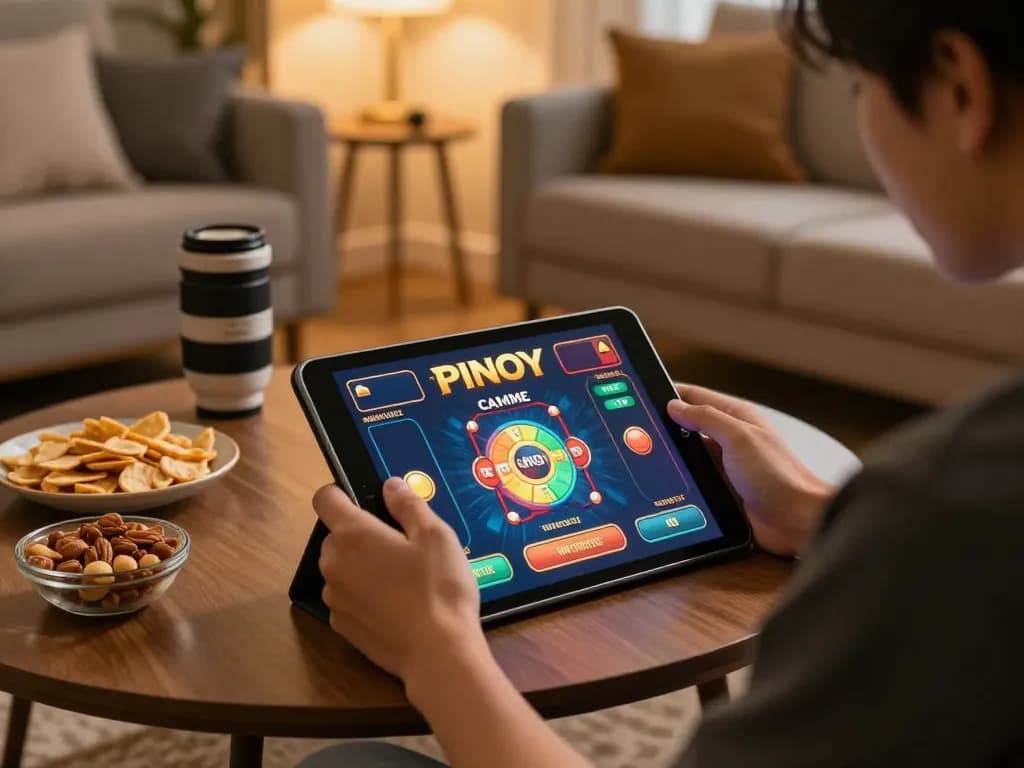 Engage in Pinoy Casino Game on a tablet in a cozy home setup with warm lighting.