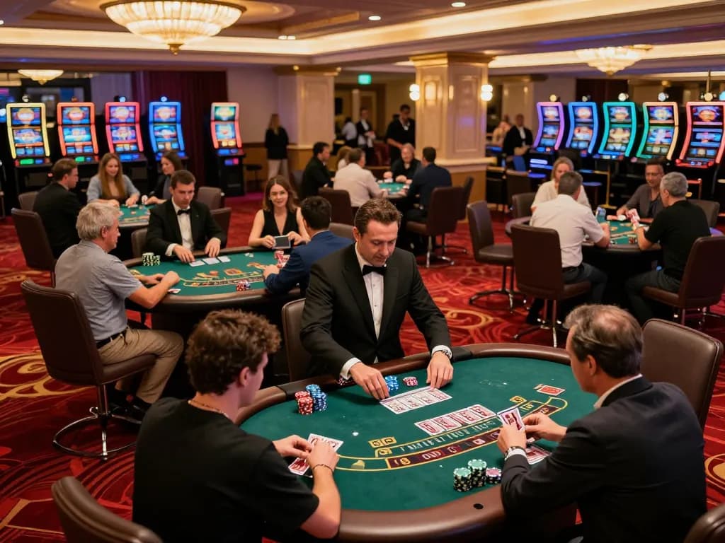 Players at a lively blackjack table focus on their hands while utilizing bu88 for strategic betting.