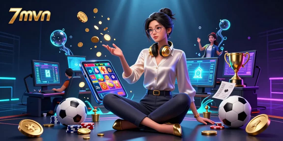 Engage in sports betting action with 7mvn as animated sports balls and betting slips explode in a vivid scene.