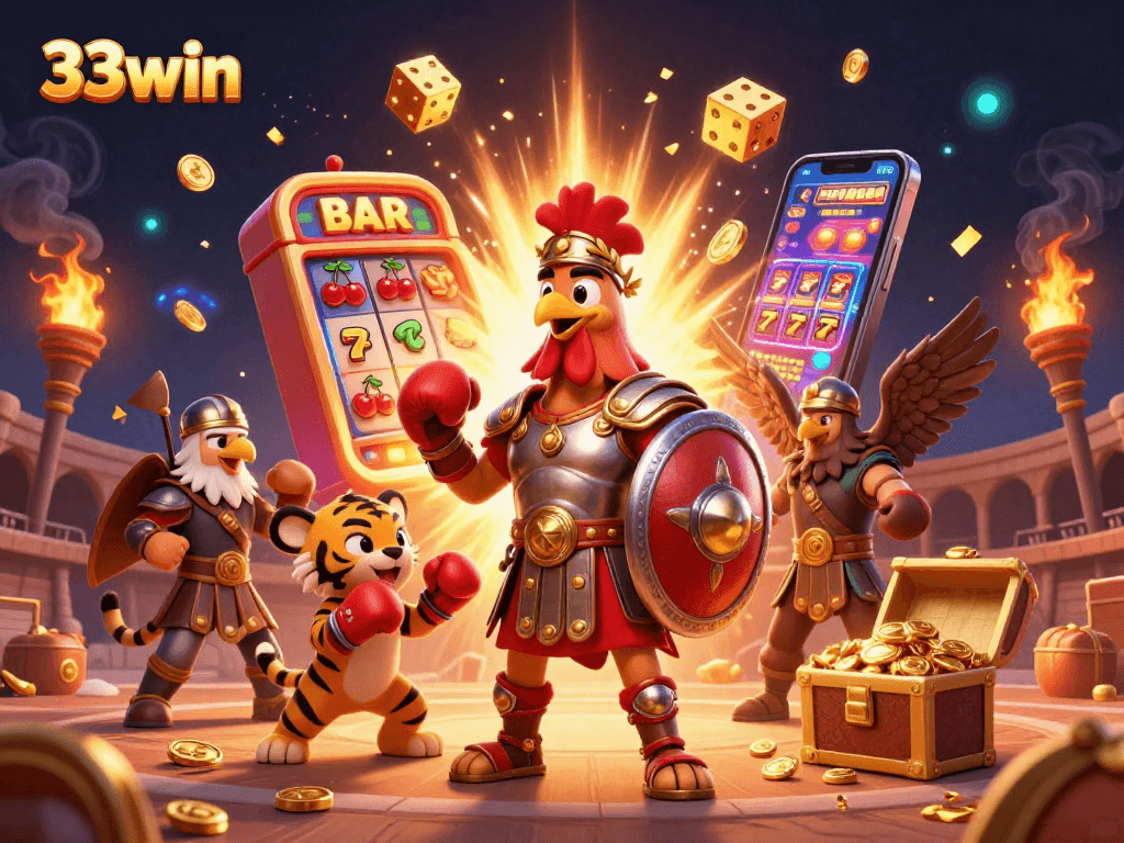 Experience engaging gameplay with 33win's colorful slot machine and animated characters.