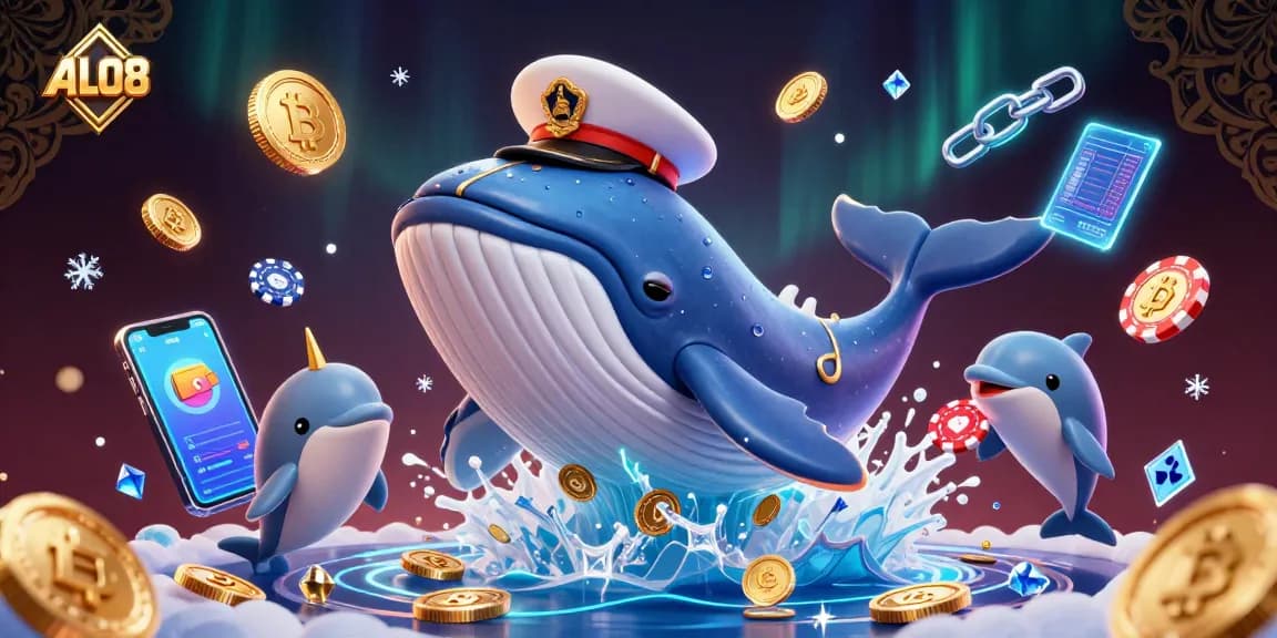 Engage with ALO8's thrilling gaming experience as a whale character immerses in coins with crypto elements.