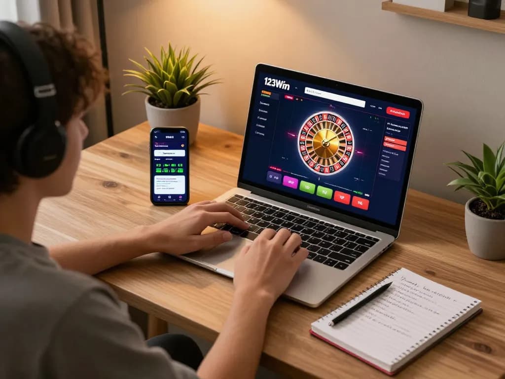 Engaged player using 123Win casino app on laptop, surrounded by gaming strategy notes.