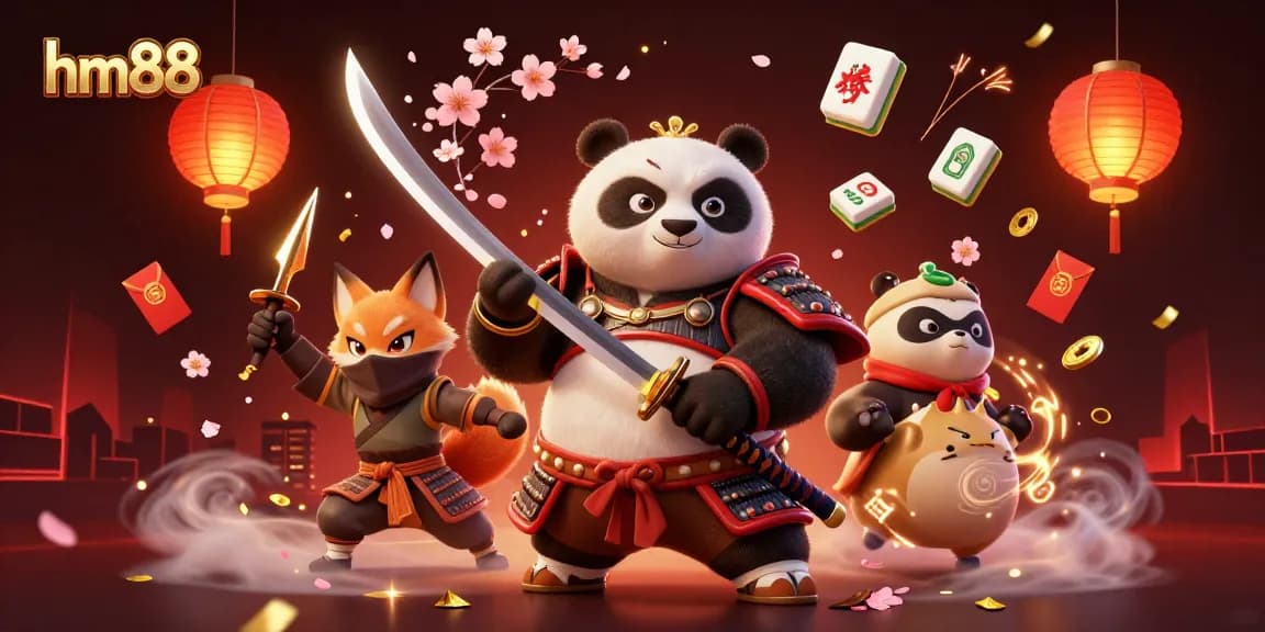 Engage in the thrilling world of hm88, featuring samurai panda and ninja fox amid vibrant casino elements.