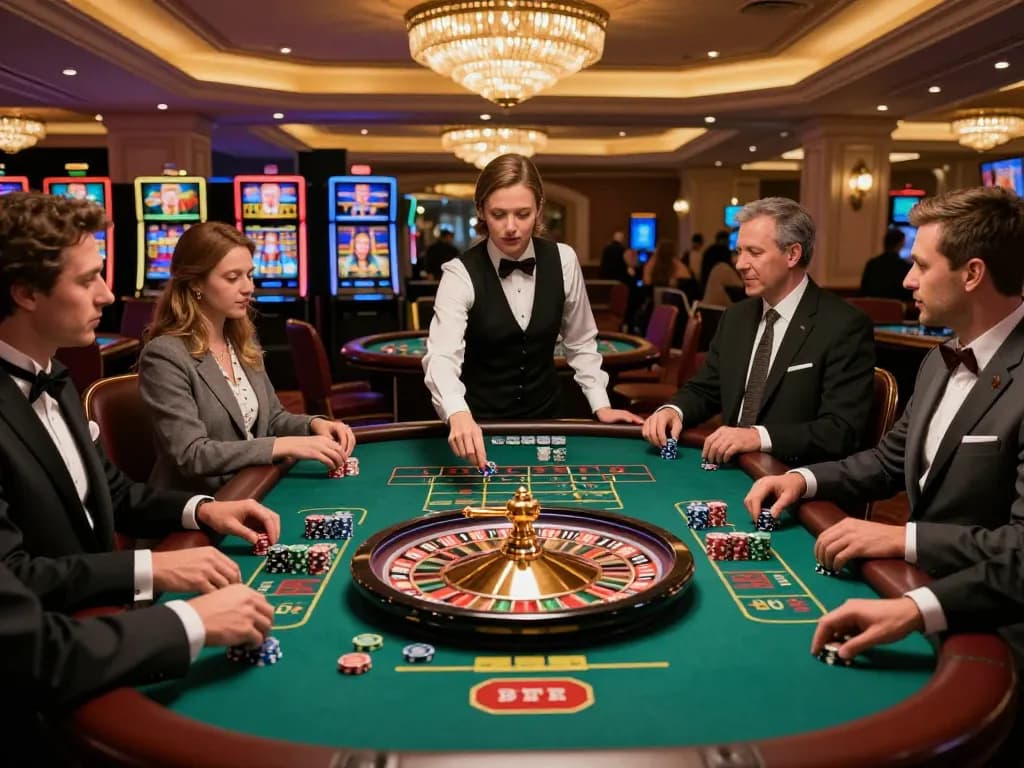 UU88 roulette players engaging in an intense game, warm lighting enhancing the casino atmosphere.