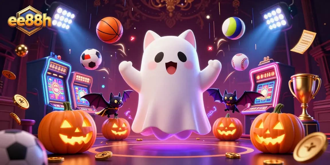 Bet and win at ee88h with vibrant casino elements and a friendly ghost cat theme.