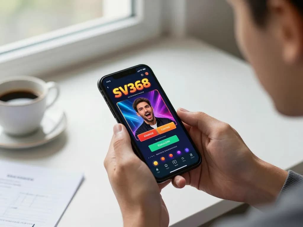Gambling enthusiast using the SV368 app on smartphone while planning strategic bets at home
