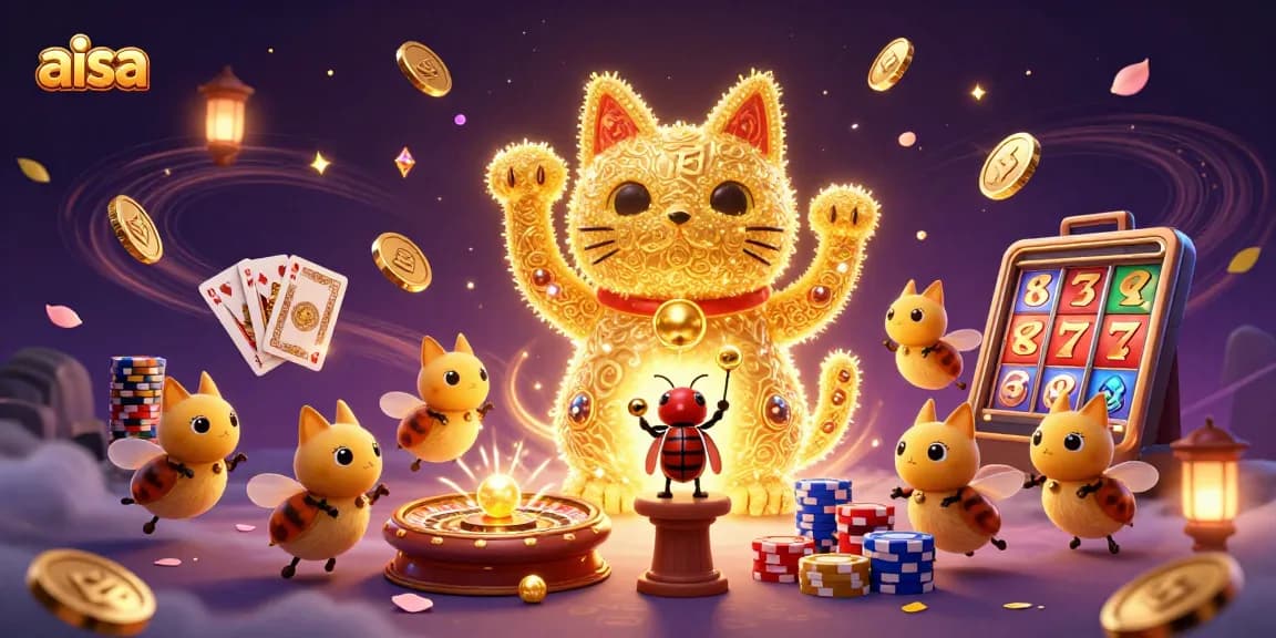 Engage with aisa's enchanting casino world, featuring a waving lucky cat and dynamic game symbols.
