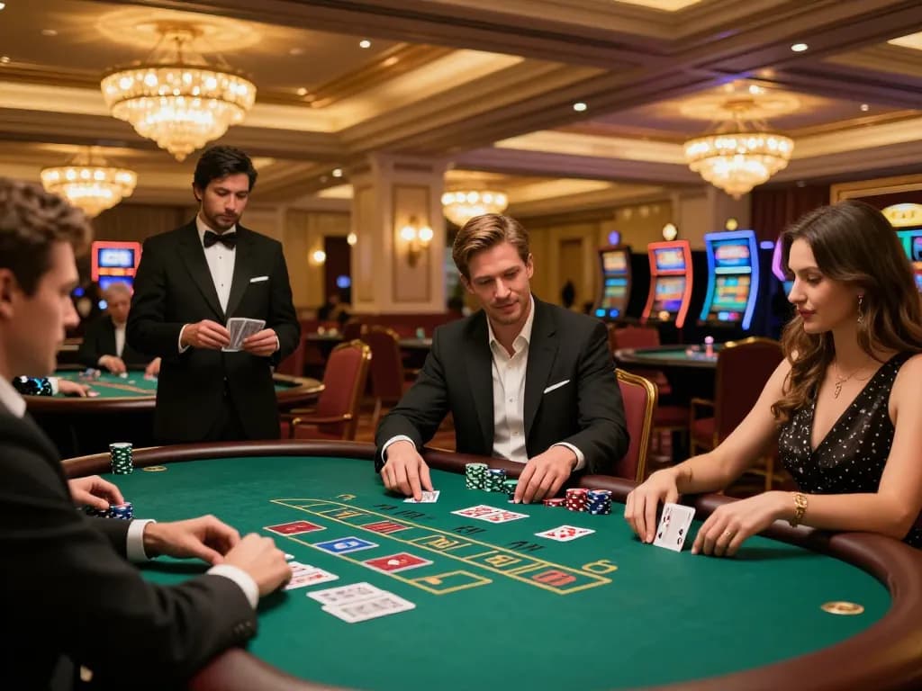 Experience the thrilling blackjack action at 789win with players making bold bets in a luxurious casino setting.