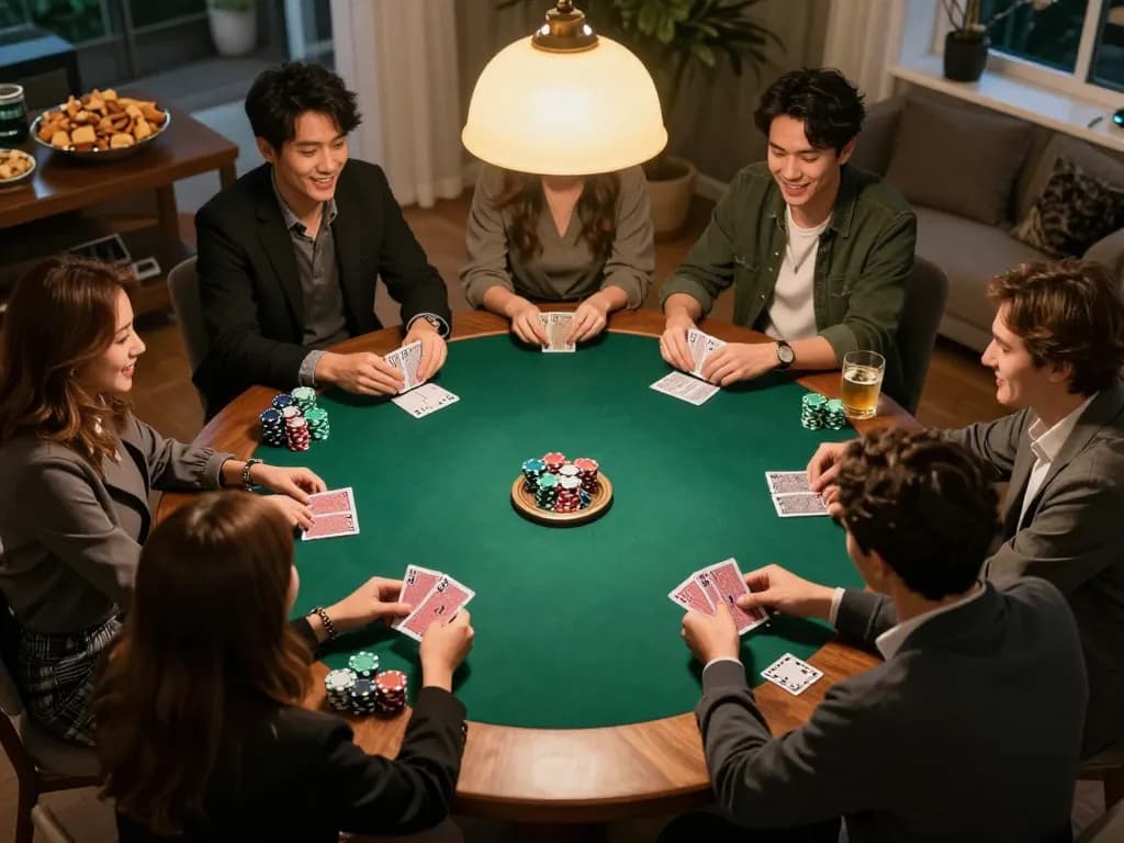 Friends enjoying a spirited game night at home with ta88 casino poker strategies in play.