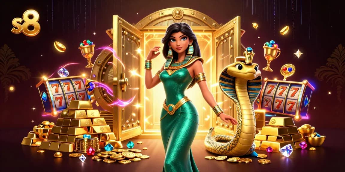 Engage in thrilling s8 gameplay featuring a glamorous woman and golden treasures in a casino setting.