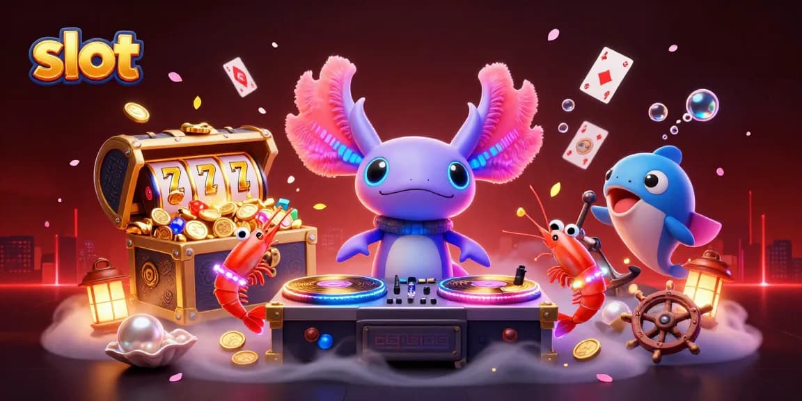 Exciting slot scene with a vibrant axolotl DJ, glowing slot reels, and dancing shrimp in a fun underwater casino atmosphere.