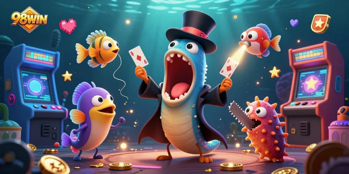 Engage with 98WIN's vibrant underwater casino scene featuring unique characters and vivid gaming elements.