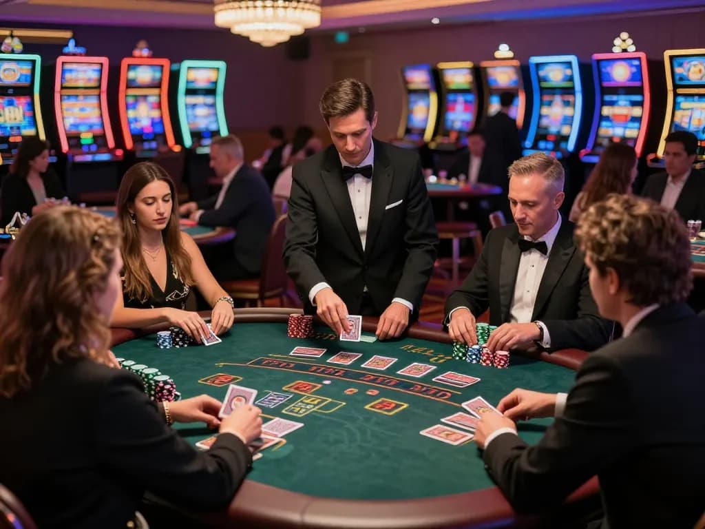 iwin players strategically engaging in blackjack at a lively casino table, showcasing the excitement of strategic gameplay