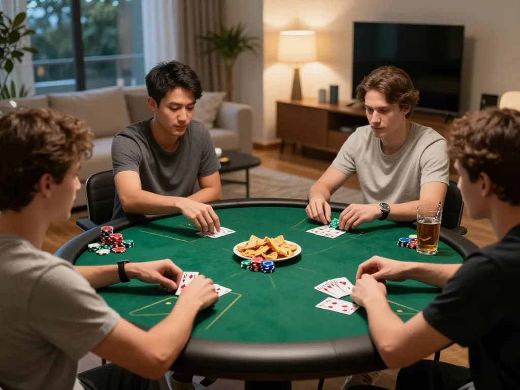 Players enjoying a fun poker night at home with vk88 chips, cards, and snacks visible on the table.