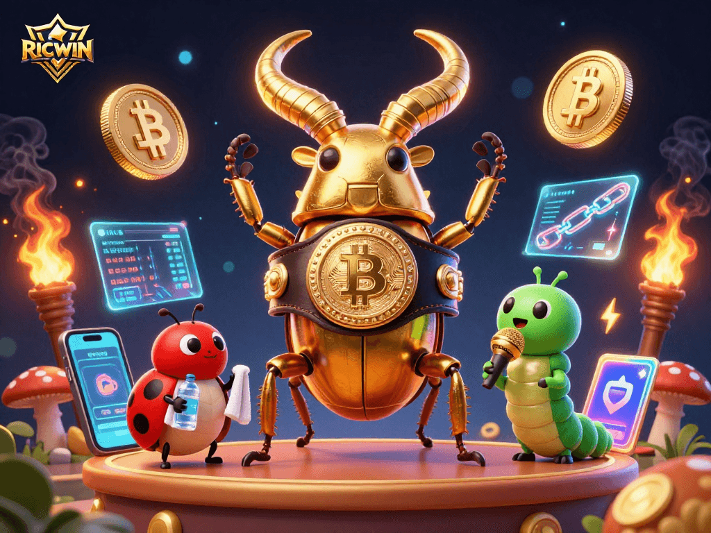 RICWIN showcases an energetic crypto casino scene with a giant stag beetle champion and vibrant coins.