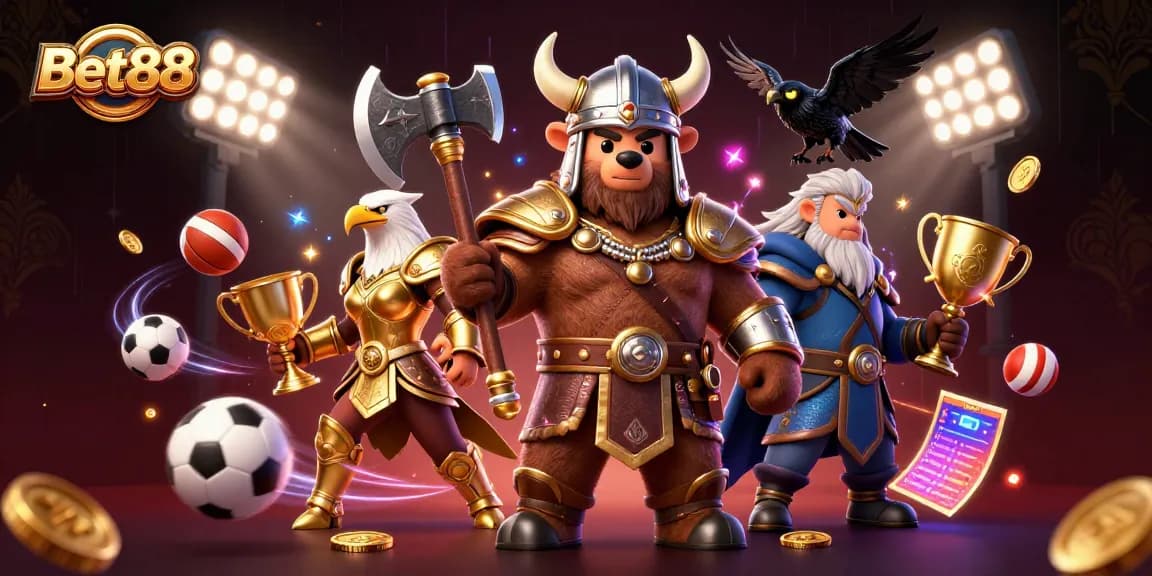 Bet88 logo shines as a vibrant Viking bear and Valkyrie eagle spring into action amid sports elements.