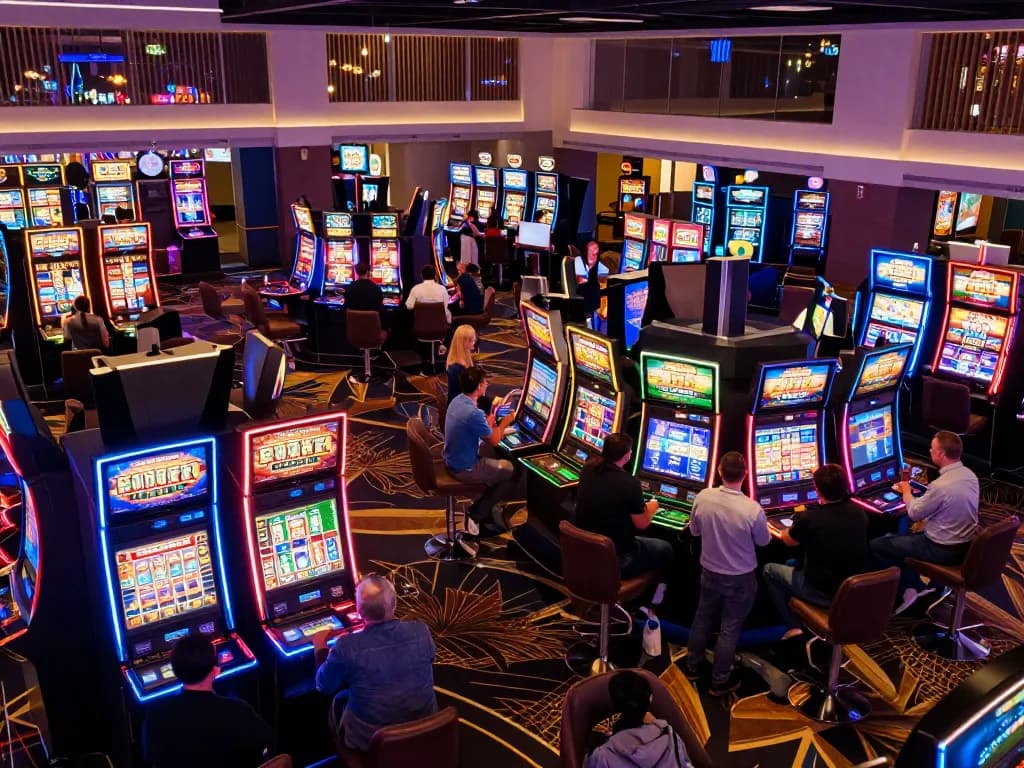Players engaging with vibrant slot machines showing sc88 themed reels and exciting jackpots in a lively casino atmosphere