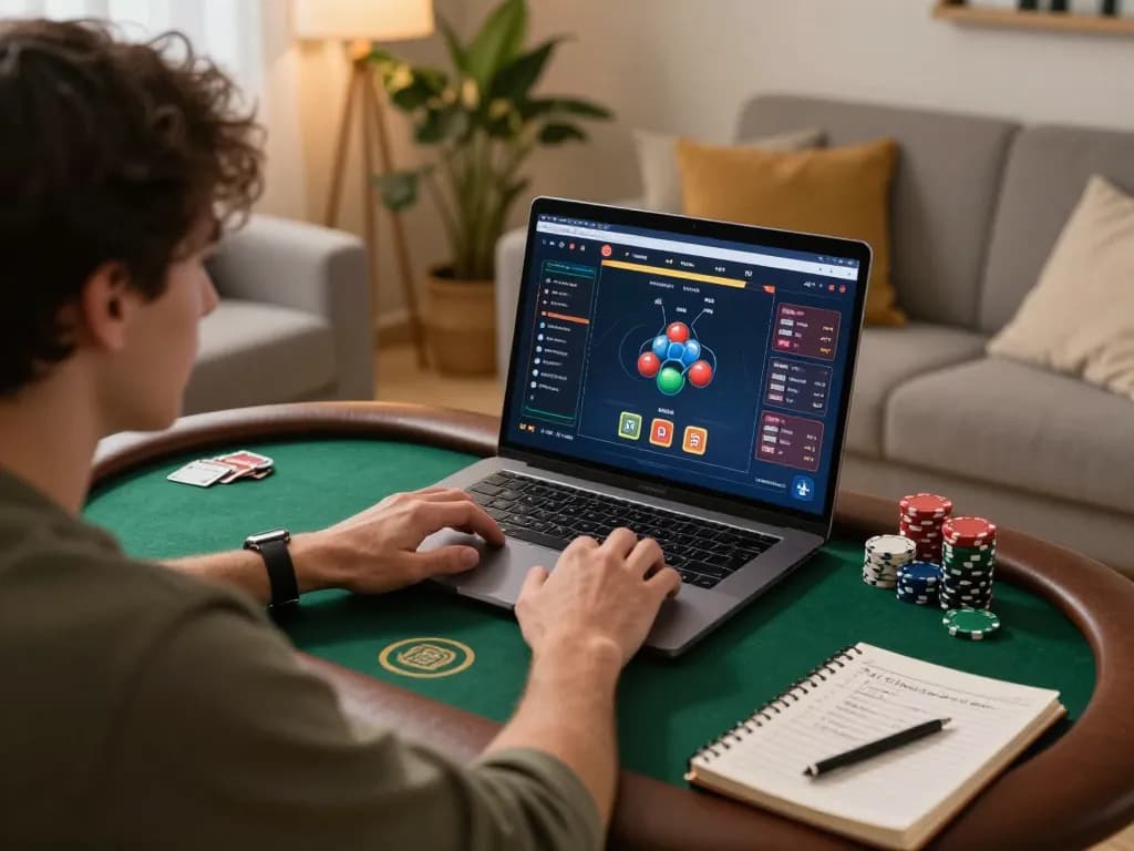 90phut enthusiast betting smartly on a laptop, enjoying a cozy home gambling atmosphere.
