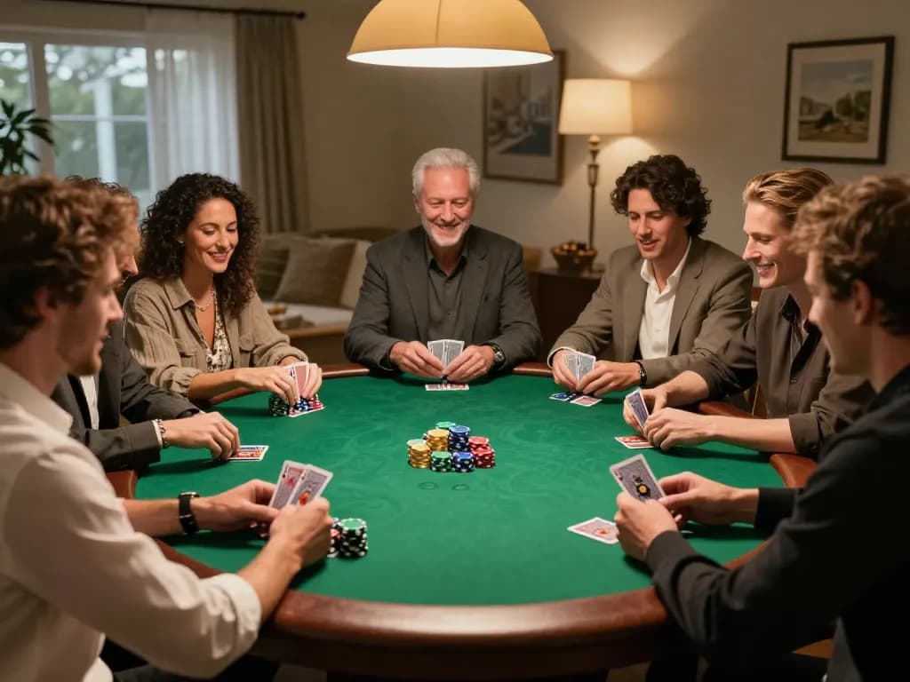 S666 players enjoying a competitive poker night with chips and cards on the table, showcasing social gaming.