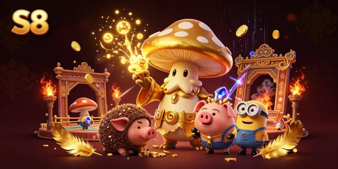 Join the enchanting S8 casino experience with a golden mushroom wizard turning games into gold.