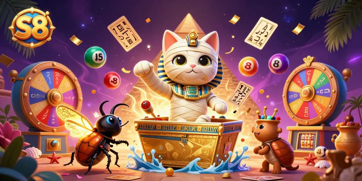 S8 delivers an exciting gaming experience with a mummy cat and vibrant casino elements, perfect for players seeking thrills.