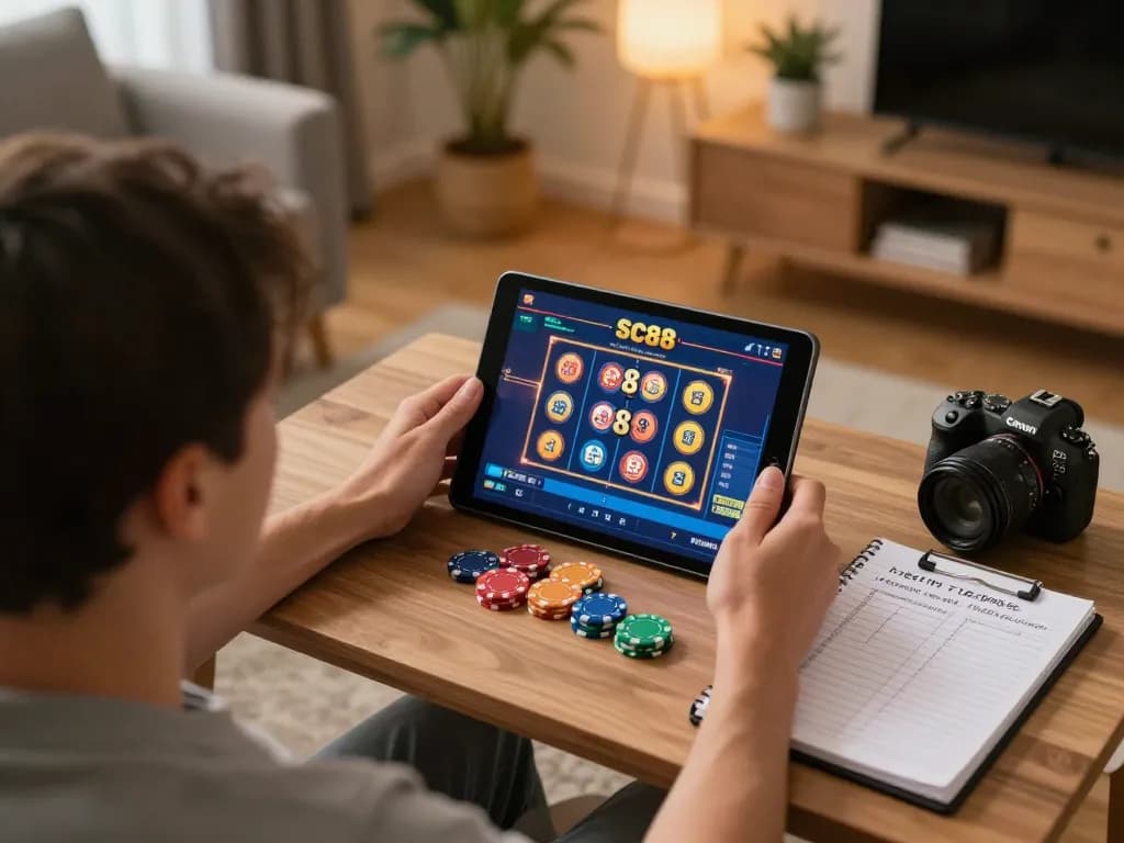 Engaging interaction with SC88's slot games on a tablet in a cozy home environment