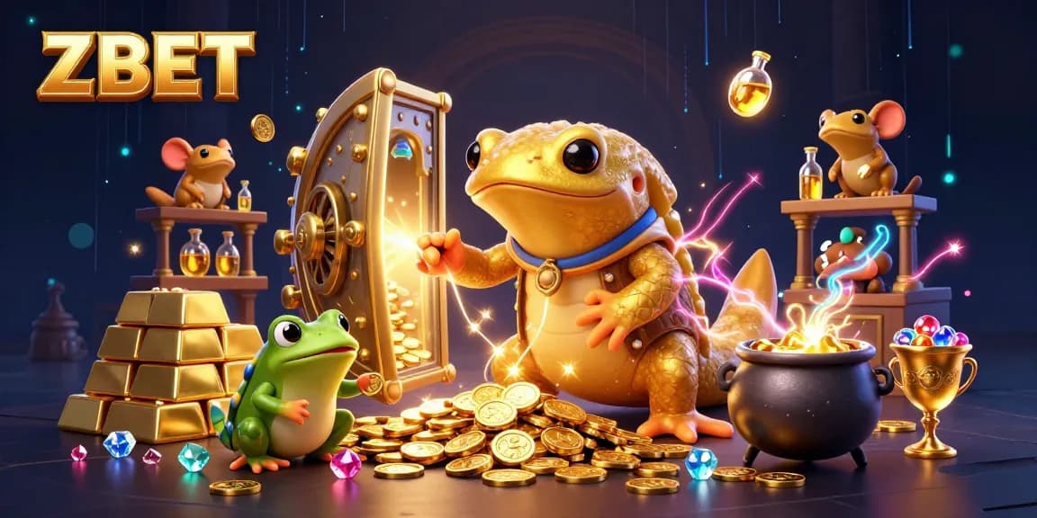 ZBET brings winning gold in a magical 3D casino scene with alchemical characters.
