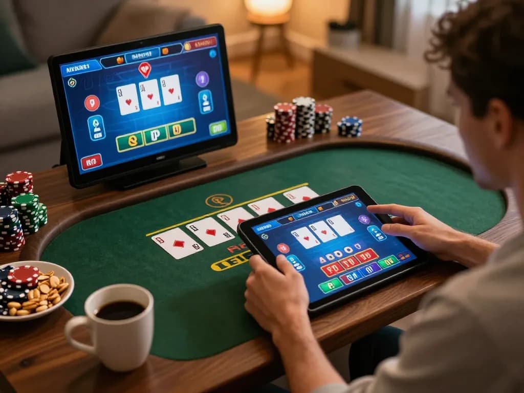 O8 player strategizing for online casino games on a tablet in a cozy home setting