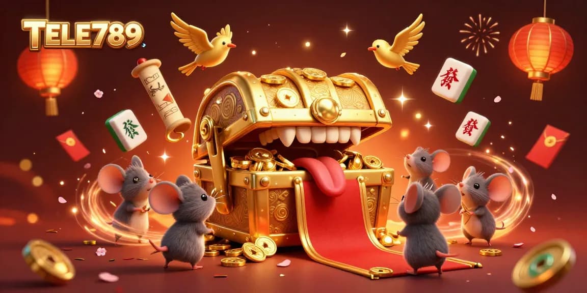 Experience the excitement of TELE789 with vibrant scenes of treasure chests, gold coins, and festive elements!