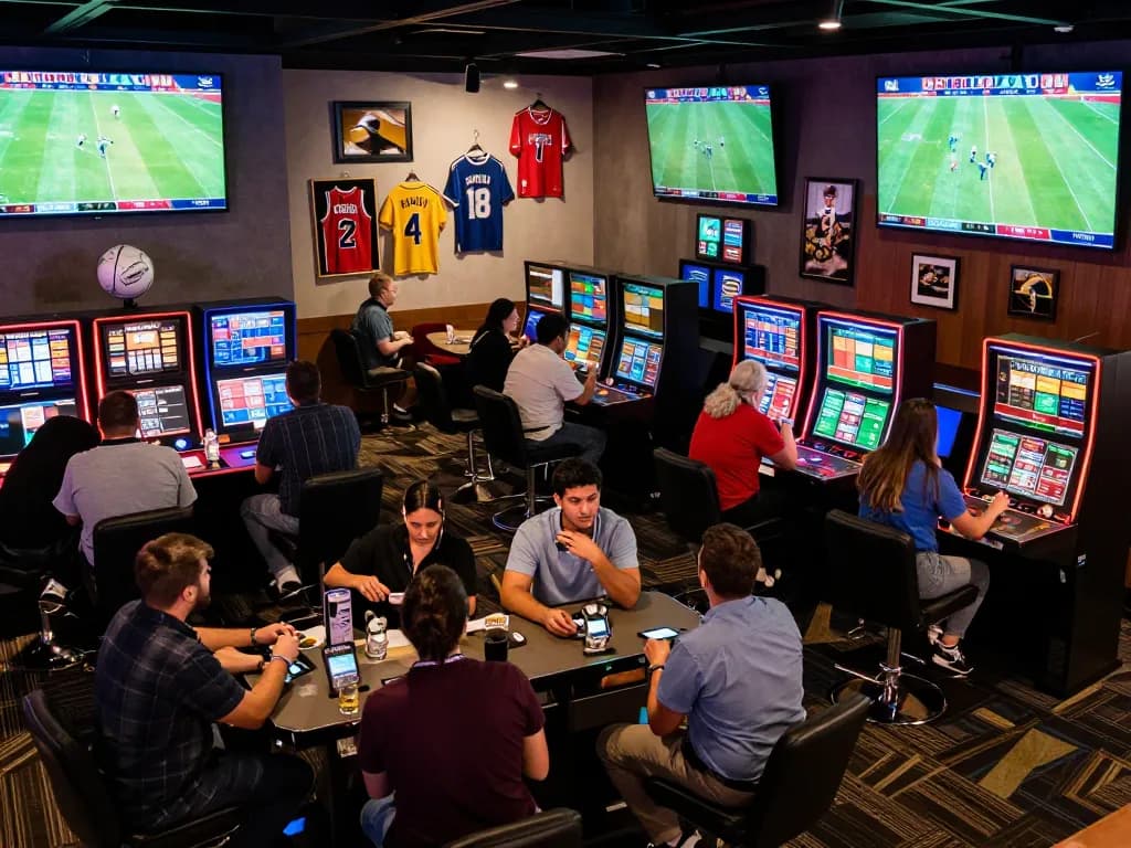 Watch บอล ออนไลน์ in an exciting sports betting lounge with fans cheering for their teams.