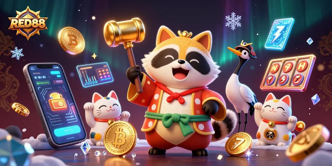 Engage with the colorful RED88 casino scene featuring cheerful characters and crypto elements.