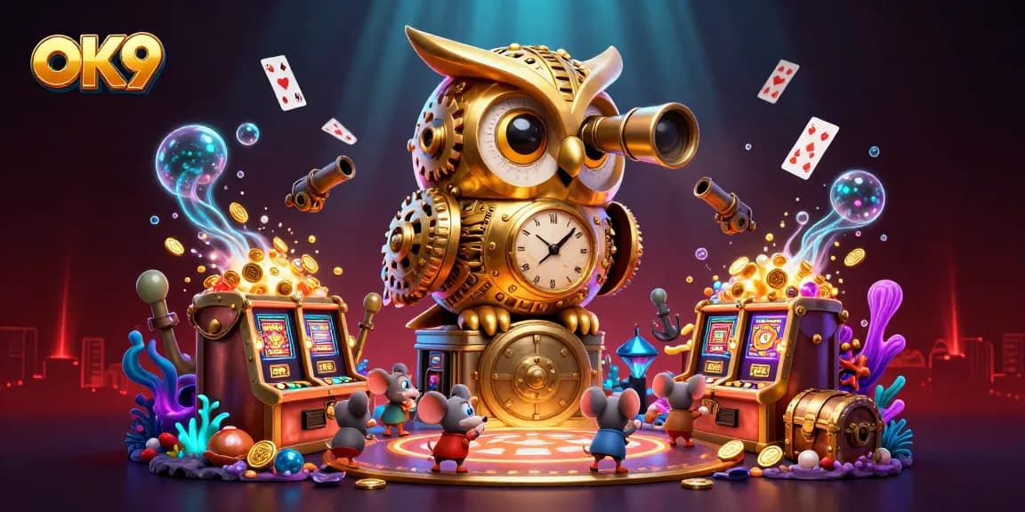 Watch the OK9 golden owl oversee an exciting casino atmosphere filled with vibrant gaming elements.