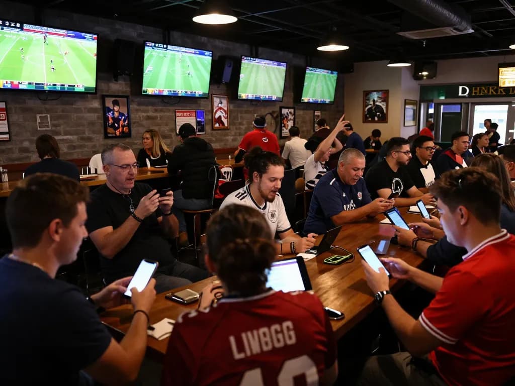 Engaged bettors analyzing kèo bóng đá during live game at a vibrant sports bar.