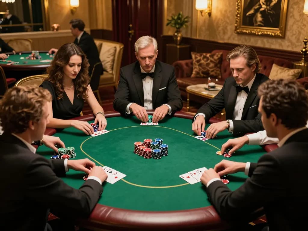 Zowin players strategizing in an upscale poker game, vibrant chips and golden decor visible.