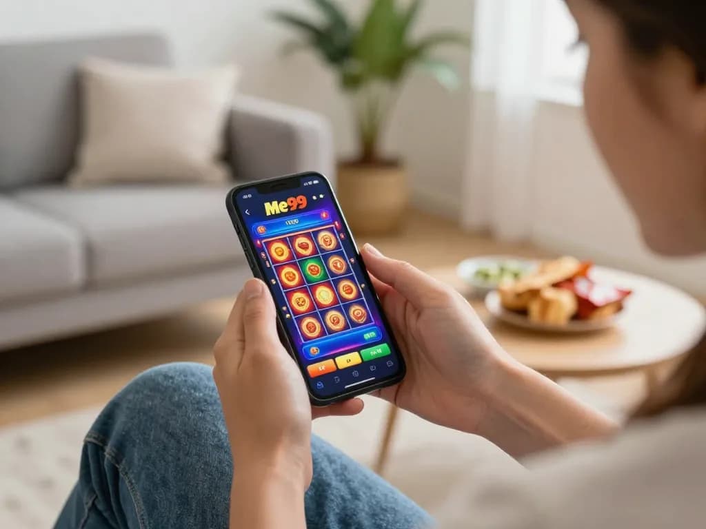 Engaged player enjoying Me99 slots on mobile app in cozy living room setup