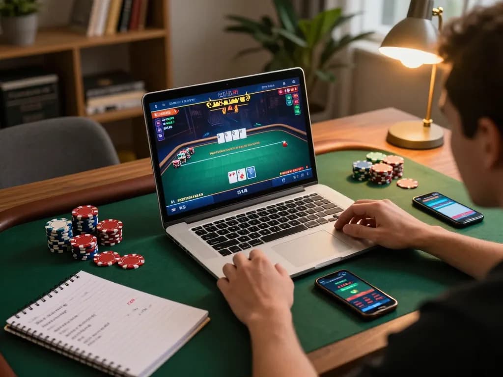 Playing poker online at DN888 with chips and strategy notes in a warm home environment.