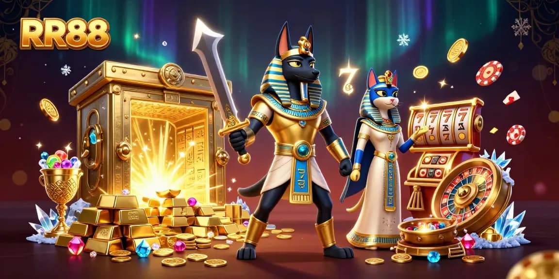 RR88 engages players with exciting animated slots and ancient treasure elements in a vibrant casino scene.