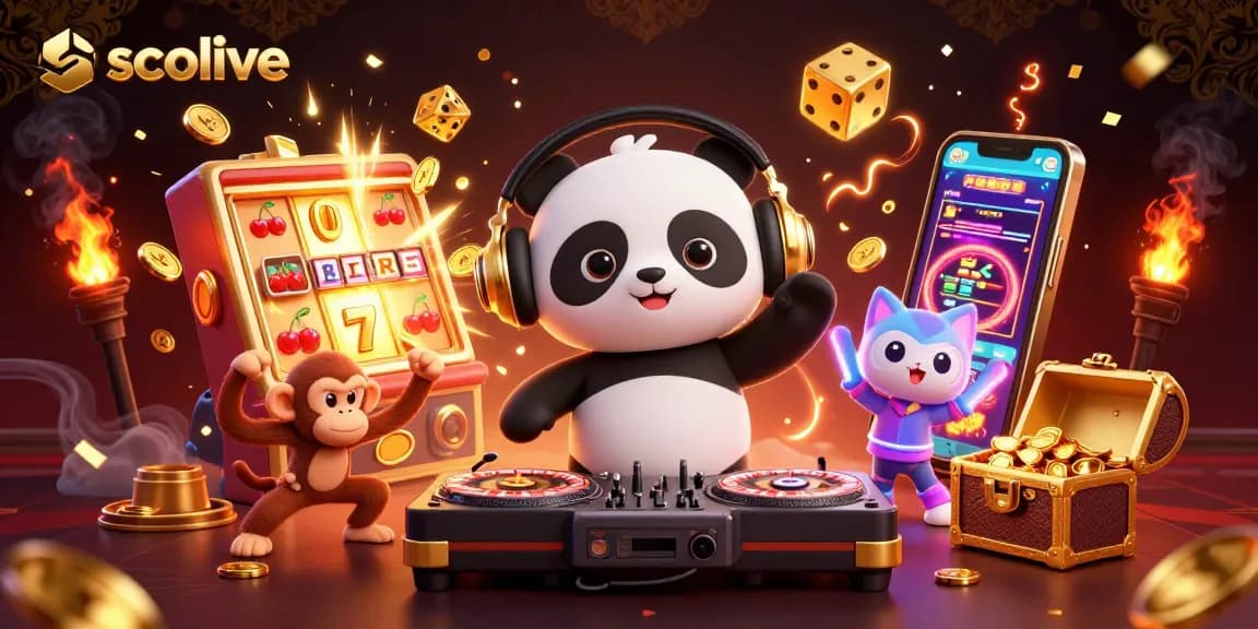 Socolive highlights vibrant gaming with a DJ panda and a breakdancing monkey amidst thrilling casino symbols.