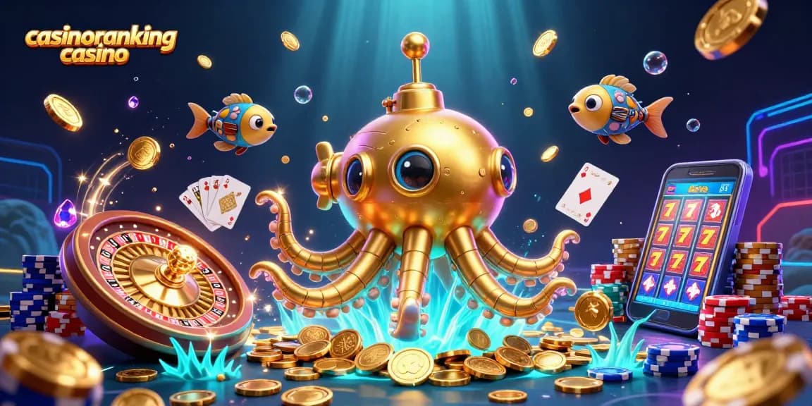 Experience the excitement at casinoranking casino with this vibrant underwater scene of a golden kraken submarine and treasures.