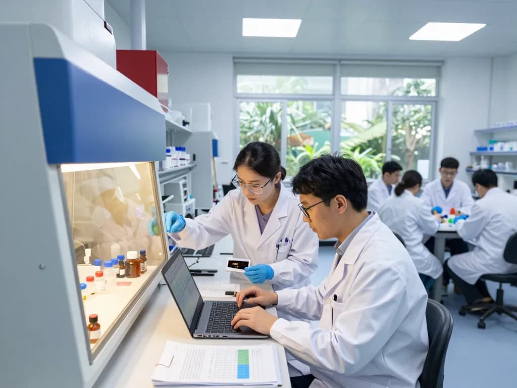 Researchers in a lab examining MB66 film for HIV and HSV solutions.